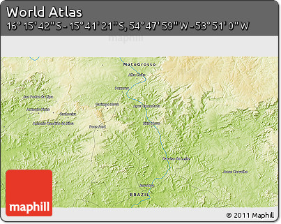 Physical 3D Map of the Area around 15° 58' 32" S, 54° 19' 30" W