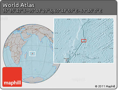 Gray Location Map of the Area around 15° 58' 32" S, 61° 16' 29" E, hill shading