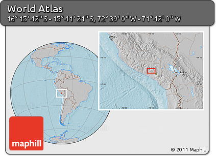 Gray Location Map of the Area around 15° 58' 32" S, 72° 10' 30" W, hill shading