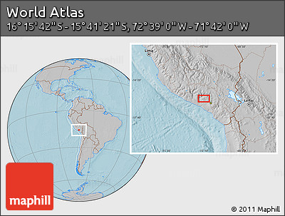 Gray Location Map of the Area around 15° 58' 32" S, 72° 10' 30" W, hill shading
