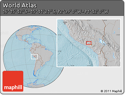 Gray Location Map of the Area around 15° 58' 32" S, 72° 10' 30" W, hill shading
