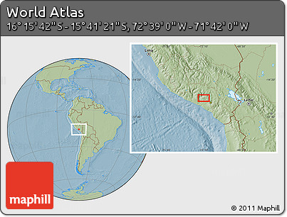 Savanna Style Location Map of the Area around 15° 58' 32" S, 72° 10' 30" W, hill shading
