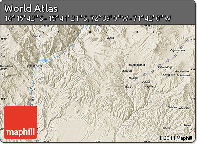 Shaded Relief Map of the Area around 15° 58' 32" S, 72° 10' 30" W