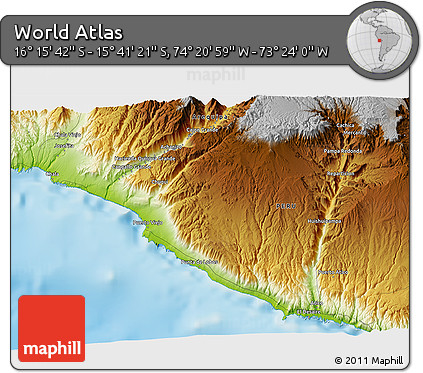 Physical 3D Map of the Area around 15° 58' 32" S, 73° 52' 30" W