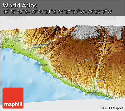 Physical 3D Map of the Area around 15° 58' 32" S, 73° 52' 30" W