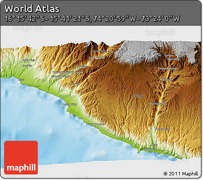 Physical 3D Map of the Area around 15° 58' 32" S, 73° 52' 30" W