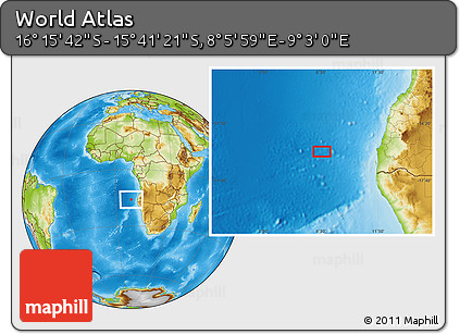 Physical Location Map of the Area around 15° 58' 32" S, 8° 34' 29" E