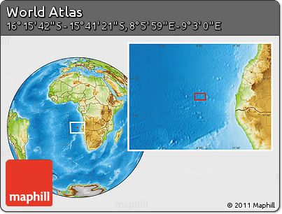 Physical Location Map of the Area around 15° 58' 32" S, 8° 34' 29" E
