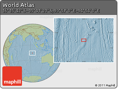 Savanna Style Location Map of the Area around 15° 58' 32" S, 94° 25' 30" E, hill shading