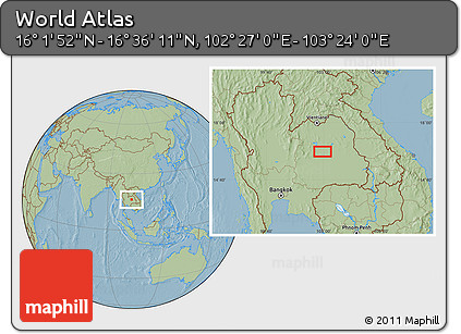 Savanna Style Location Map of the Area around 16° 19' 2" N, 102° 55' 30" E, hill shading