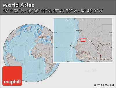 Gray Location Map of the Area around 16° 19' 2" N, 15° 13' 29" W, hill shading