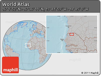 Gray Location Map of the Area around 16° 19' 2" N, 15° 13' 29" W, hill shading