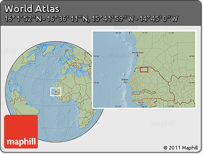 Savanna Style Location Map of the Area around 16° 19' 2" N, 15° 13' 29" W, hill shading