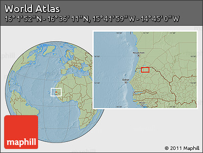 Savanna Style Location Map of the Area around 16° 19' 2" N, 15° 13' 29" W, hill shading