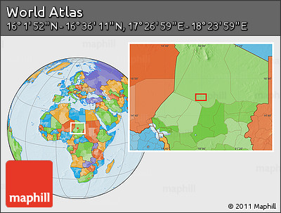 Political Location Map of the Area around 16° 19' 2" N, 17° 55' 29" E