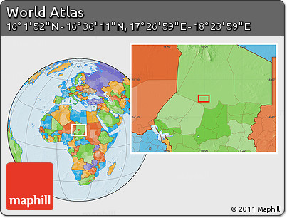 Political Location Map of the Area around 16° 19' 2" N, 17° 55' 29" E