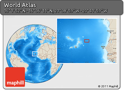 Shaded Relief Location Map of the Area around 16° 19' 2" N, 21° 10' 29" W