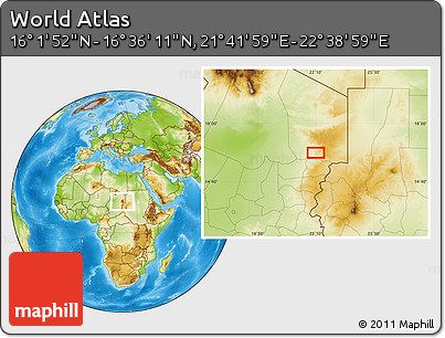 Physical Location Map of the Area around 16° 19' 2" N, 22° 10' 29" E