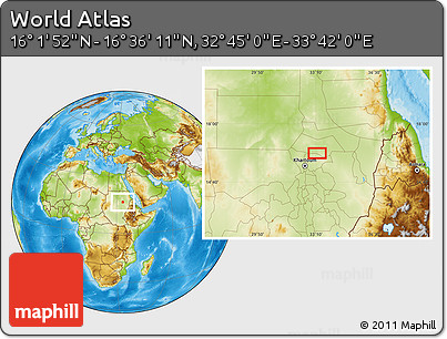 Physical Location Map of the Area around 16° 19' 2" N, 33° 13' 30" E