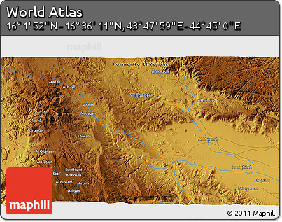 Physical 3D Map of the Area around 16° 19' 2" N, 44° 16' 29" E