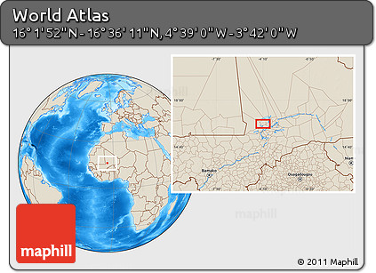 Shaded Relief Location Map of the Area around 16° 19' 2" N, 4° 10' 30" W
