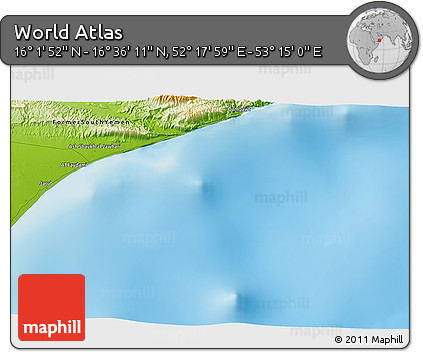 Physical 3D Map of the Area around 16° 19' 2" N, 52° 46' 29" E