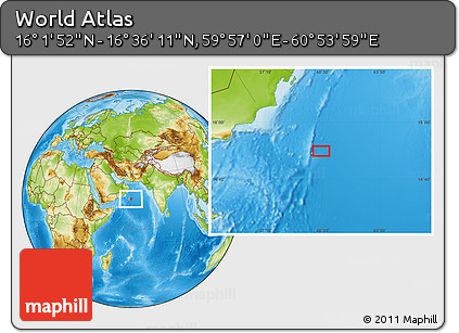 Physical Location Map of the Area around 16° 19' 2" N, 60° 25' 29" E