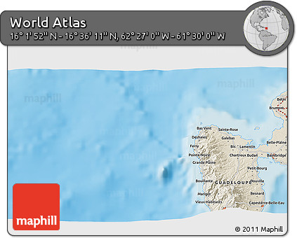 Shaded Relief 3D Map of the Area around 16° 19' 2" N, 61° 58' 30" W