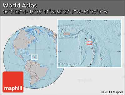 Gray Location Map of the Area around 16° 19' 2" N, 61° 58' 30" W, hill shading