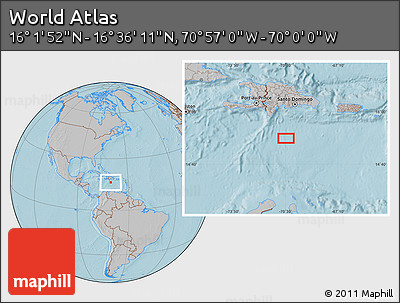 Gray Location Map of the Area around 16° 19' 2" N, 70° 28' 29" W, hill shading