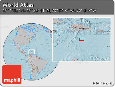 Gray Location Map of the Area around 16° 19' 2" N, 70° 28' 29" W, hill shading