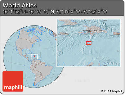 Gray Location Map of the Area around 16° 19' 2" N, 72° 10' 30" W, hill shading