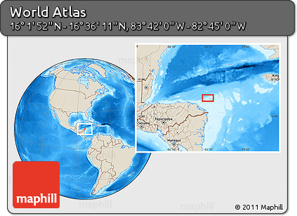 Shaded Relief Location Map of the Area around 16° 19' 2" N, 83° 13' 29" W