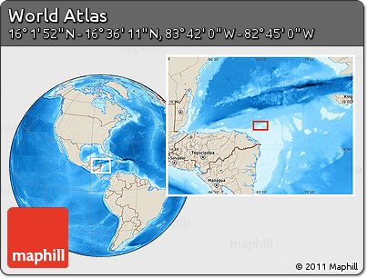 Shaded Relief Location Map of the Area around 16° 19' 2" N, 83° 13' 29" W