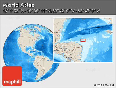 Shaded Relief Location Map of the Area around 16° 19' 2" N, 83° 13' 29" W