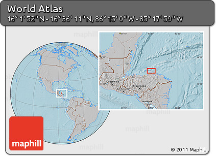Gray Location Map of the Area around 16° 19' 2" N, 85° 46' 30" W, hill shading