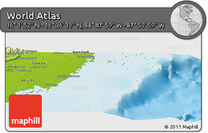 Physical Panoramic Map of the Area around 16° 19' 2" N, 88° 19' 29" W