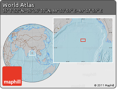 Gray Location Map of the Area around 16° 19' 2" N, 89° 19' 29" E, hill shading