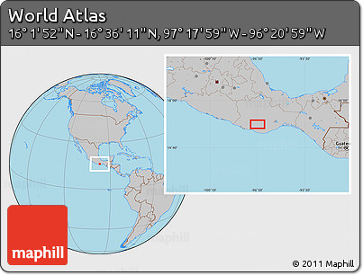 Gray Location Map of the Area around 16° 19' 2" N, 96° 49' 29" W
