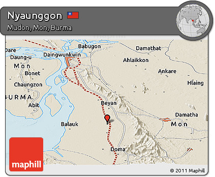 Shaded Relief Panoramic Map of Nyaunggon