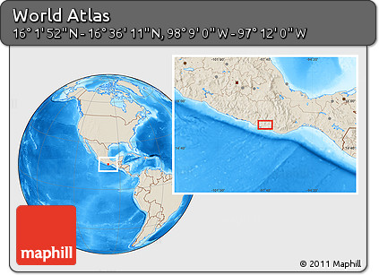 Shaded Relief Location Map of the Area around 16° 19' 2" N, 97° 40' 30" W