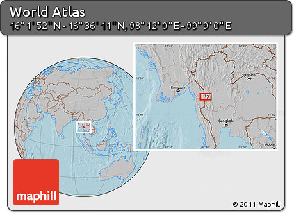 Gray Location Map of the Area around 16° 19' 2" N, 98° 40' 30" E, hill shading