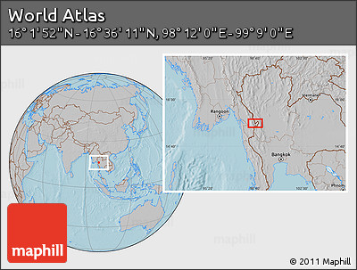 Gray Location Map of the Area around 16° 19' 2" N, 98° 40' 30" E, hill shading
