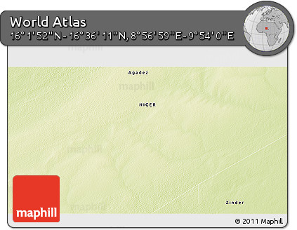 Physical 3D Map of the Area around 16° 19' 2" N, 9° 25' 30" E