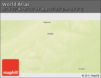 Physical 3D Map of the Area around 16° 19' 2" N, 9° 25' 30" E