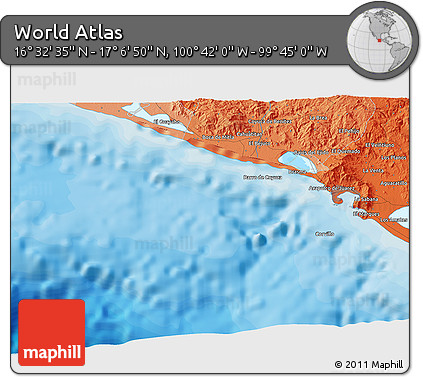 Political 3D Map of the Area around 16° 49' 43" N, 100° 13' 29" W