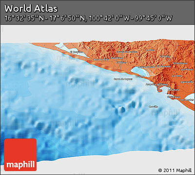 Political 3D Map of the Area around 16° 49' 43" N, 100° 13' 29" W