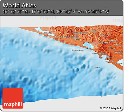 Political 3D Map of the Area around 16° 49' 43" N, 100° 13' 29" W