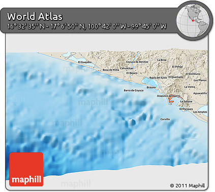 Shaded Relief 3D Map of the Area around 16° 49' 43" N, 100° 13' 29" W