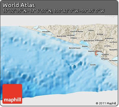Shaded Relief 3D Map of the Area around 16° 49' 43" N, 100° 13' 29" W